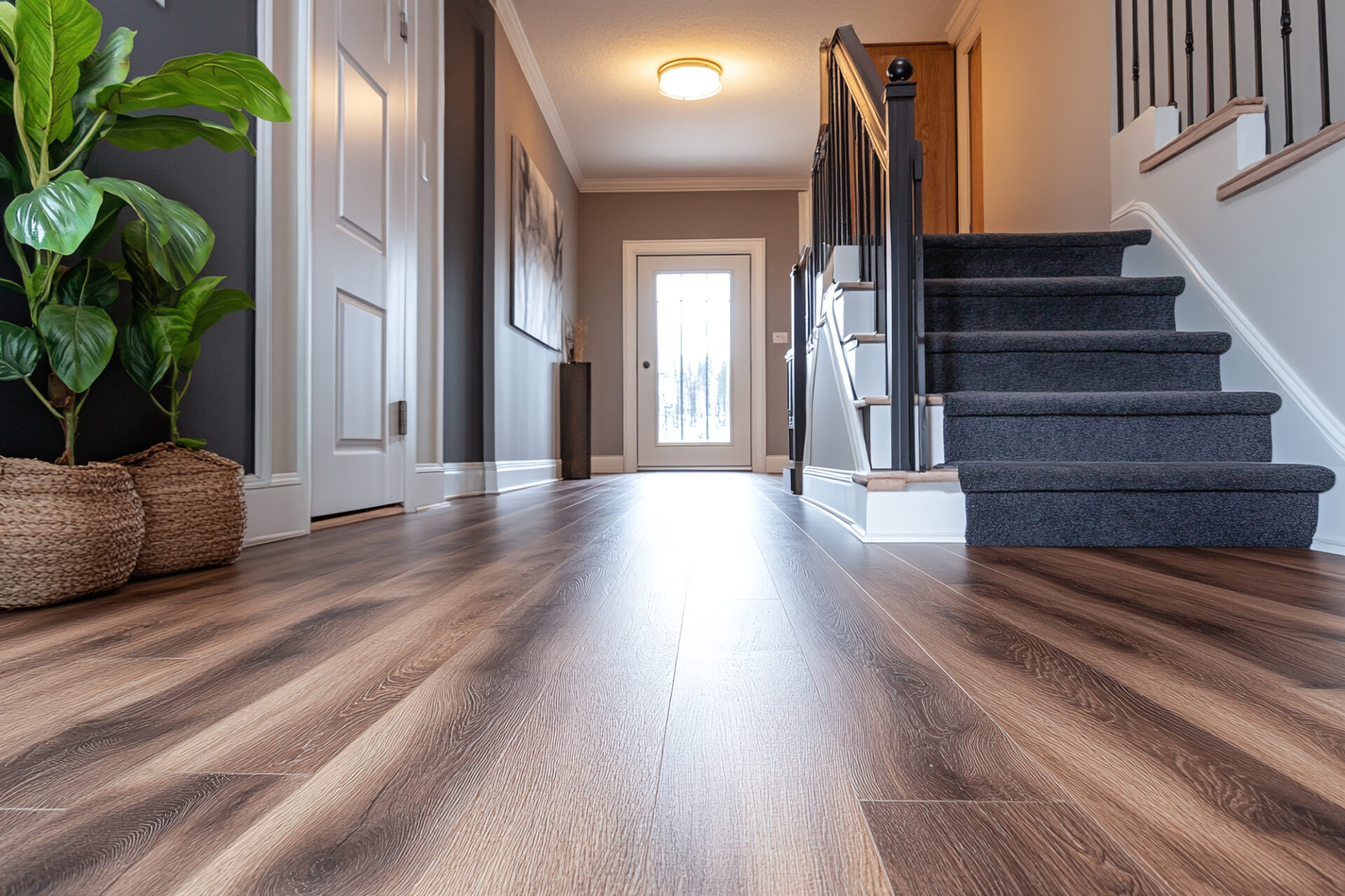 Luxury vinyl plank flooring in a bright entryway with carpeted stairs