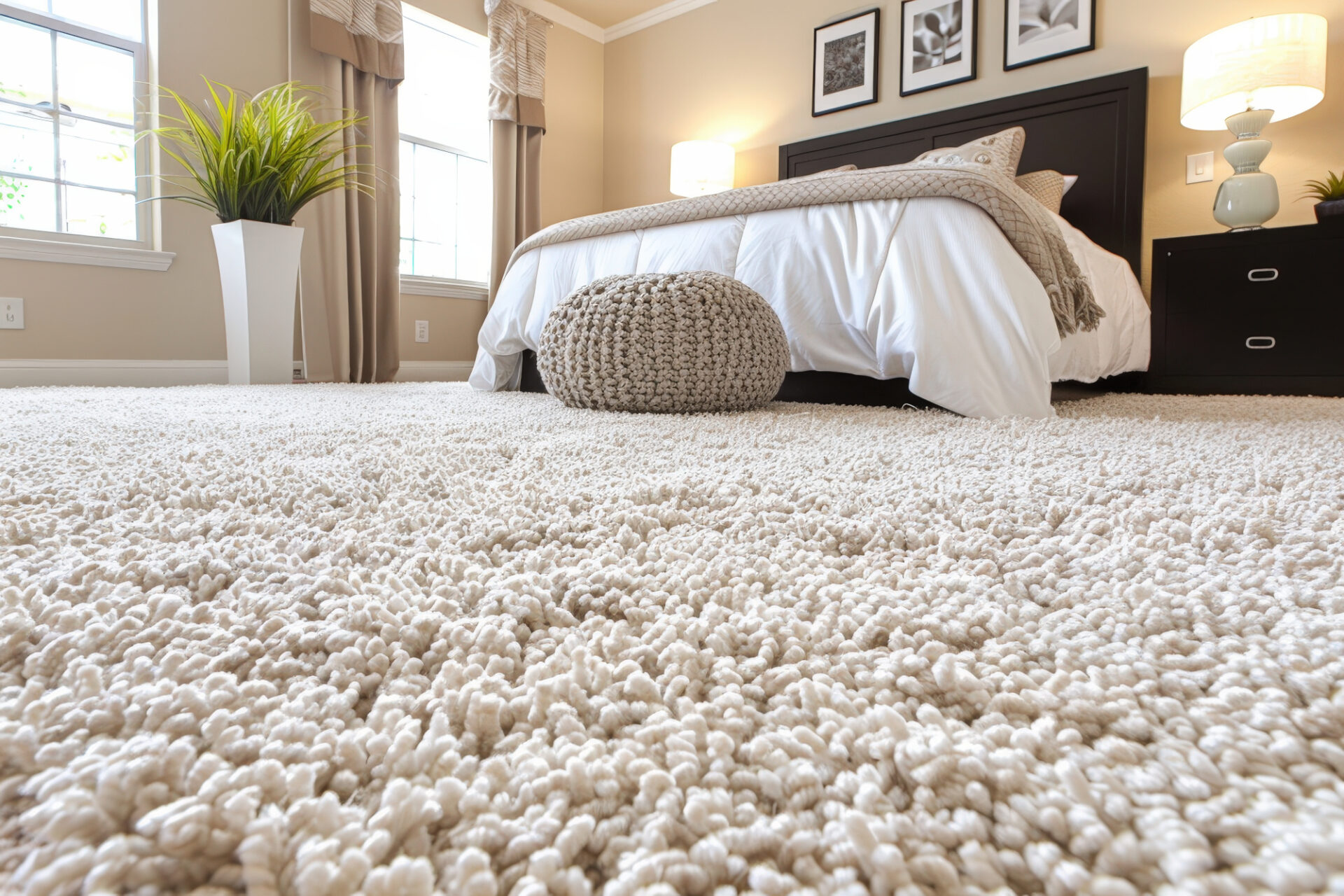 Cozy bedroom featuring soft white carpet and neutral décor