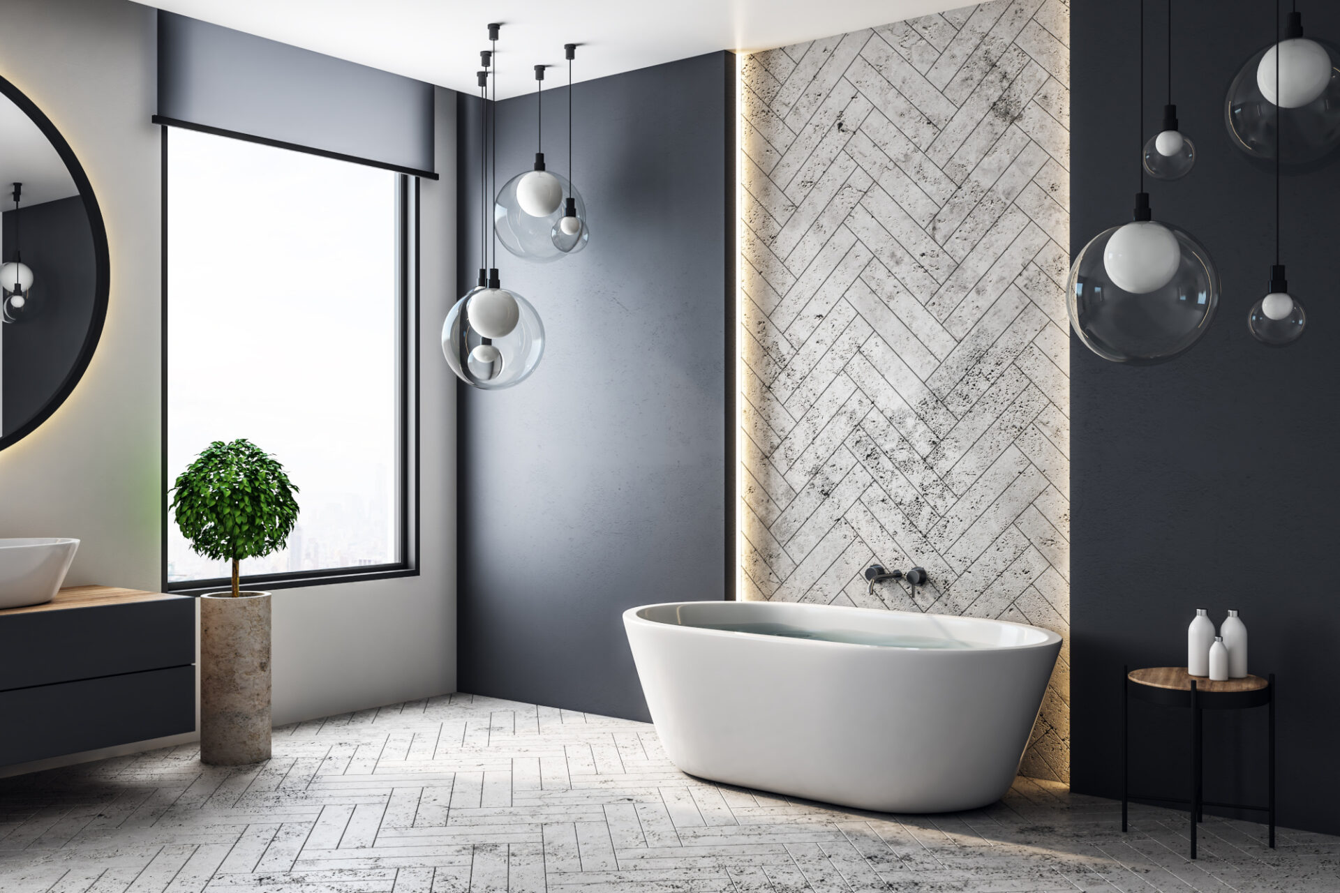 Modern bathroom with patterned tile flooring and a freestanding bathtub
