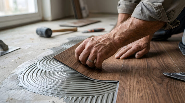 Flooring installer placing a wood-look plank over adhesive during installation