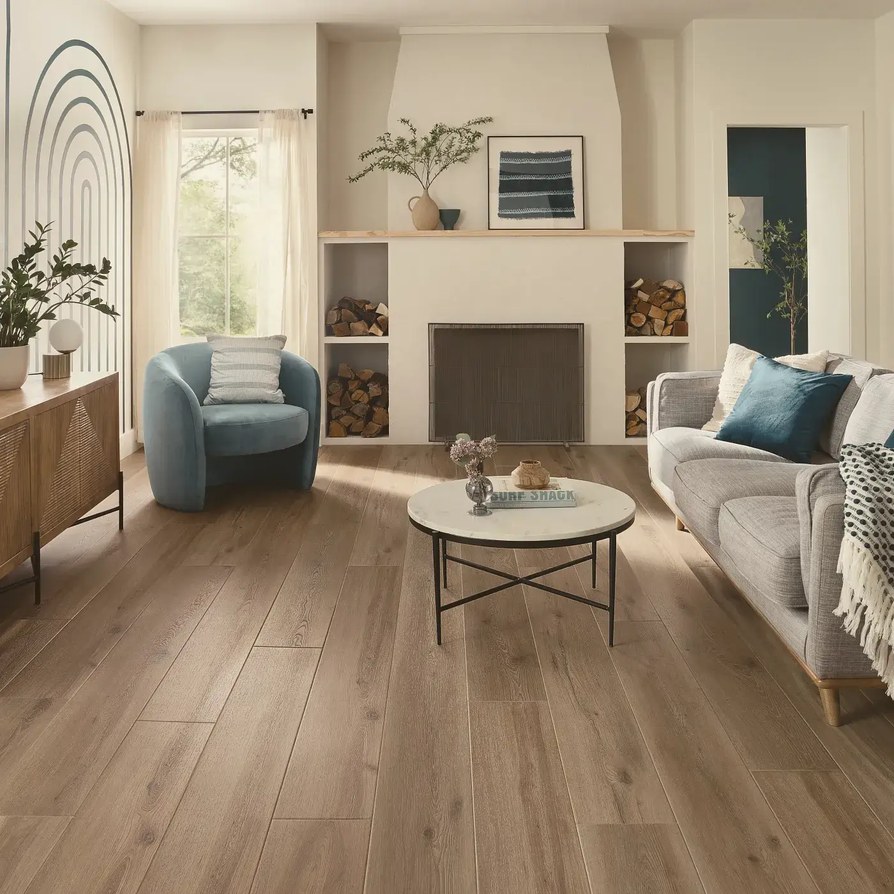Luxury vinyl plank flooring in a bright living room of a Western Colorado short-term rental