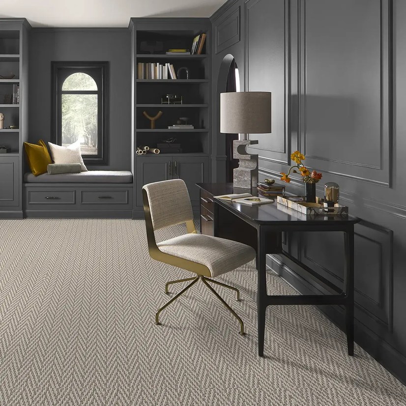 Patterned carpet flooring in a home office in a Western Colorado vacation rental